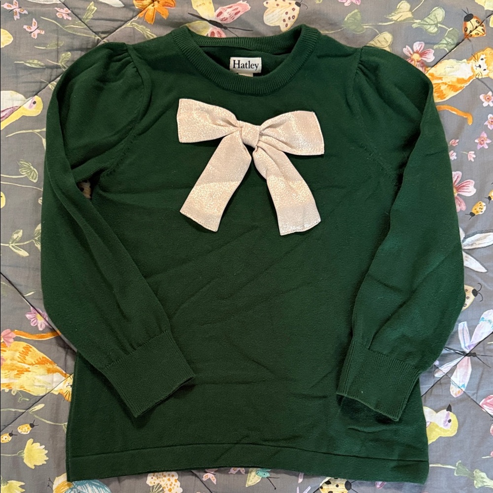 Hatley Green Sweater with Cream Pink Bow